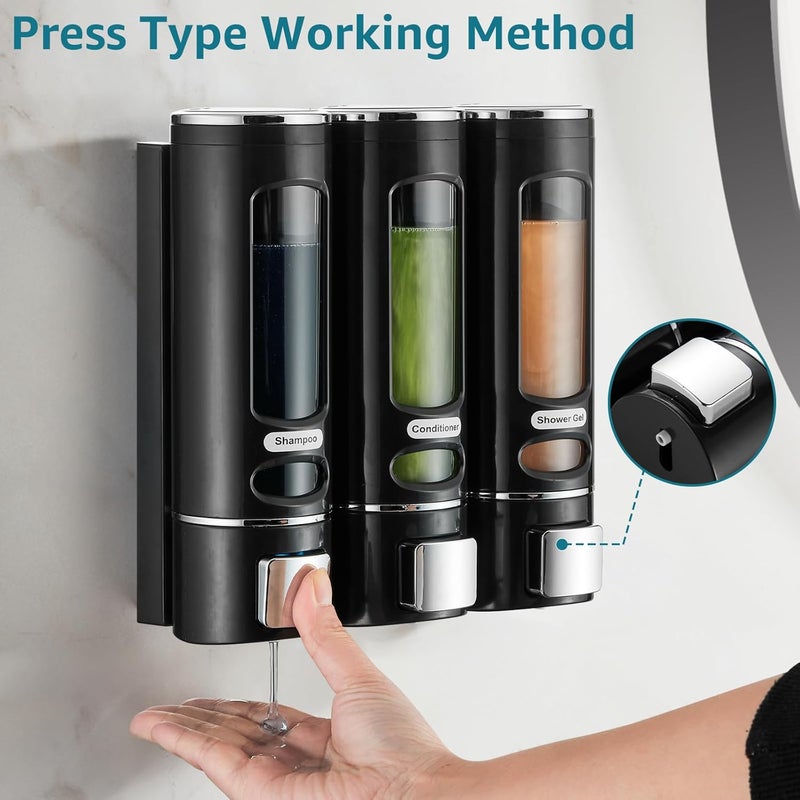 pollock Shampoo and Conditioner Dispenser,Shower Shampoo Dispenser 3 Chamber No Drilled Shampoo Dispenser for Shower Wall Mounted Shower Dispenser Body Wash Dispenser for Bathroom Kitchen Hotel, Black - Image 2